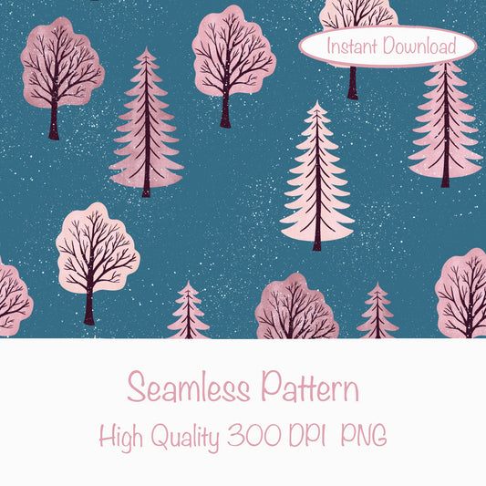 Polar Whimsy Winter Trees Seamless Pattern Pink | Cozy Digital Download for Personal & Commercial Use