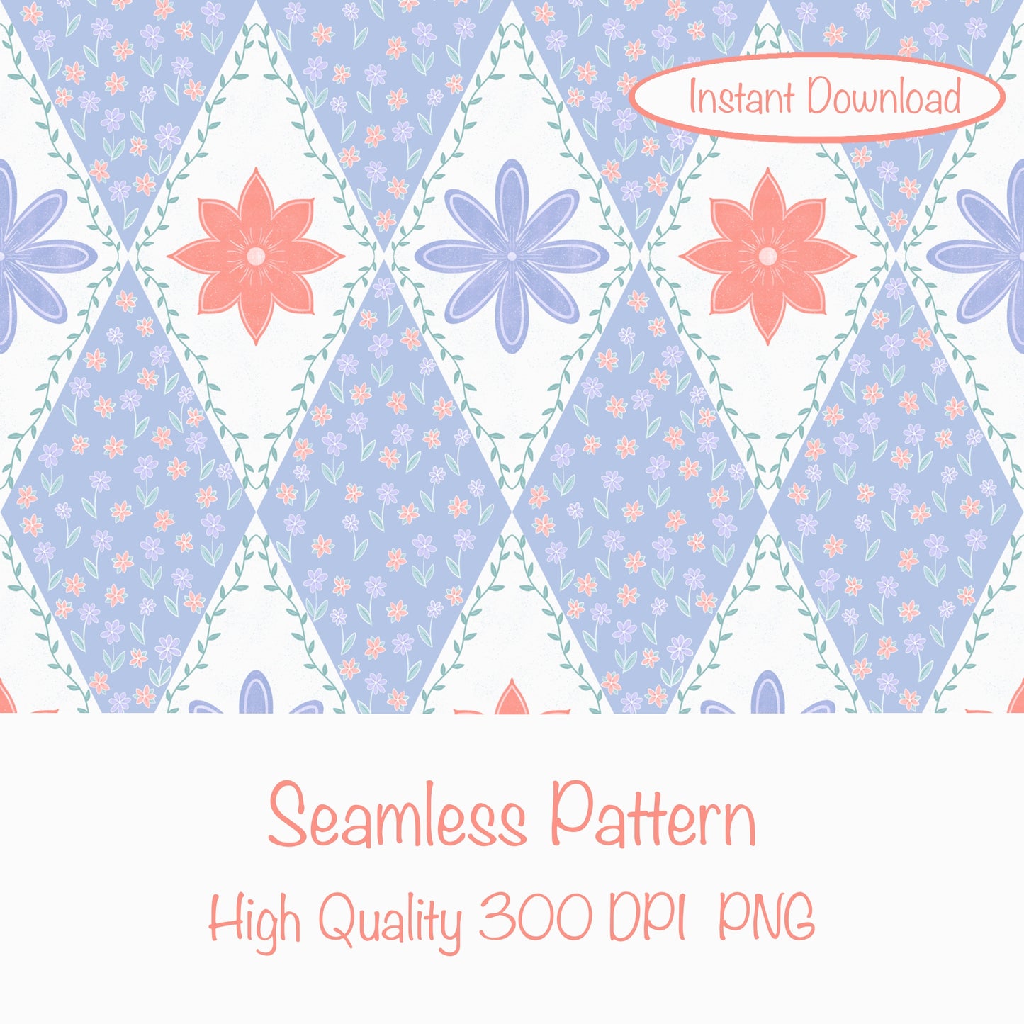 Polar Whimsy Checkered Diamond & Doodle Flowers Seamless Pattern Purple | Cozy Winter Digital Design