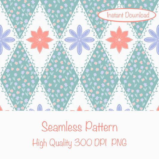 Polar Whimsy Checkered Diamond & Doodle Flowers Seamless Pattern Green | Cozy Winter Digital Design