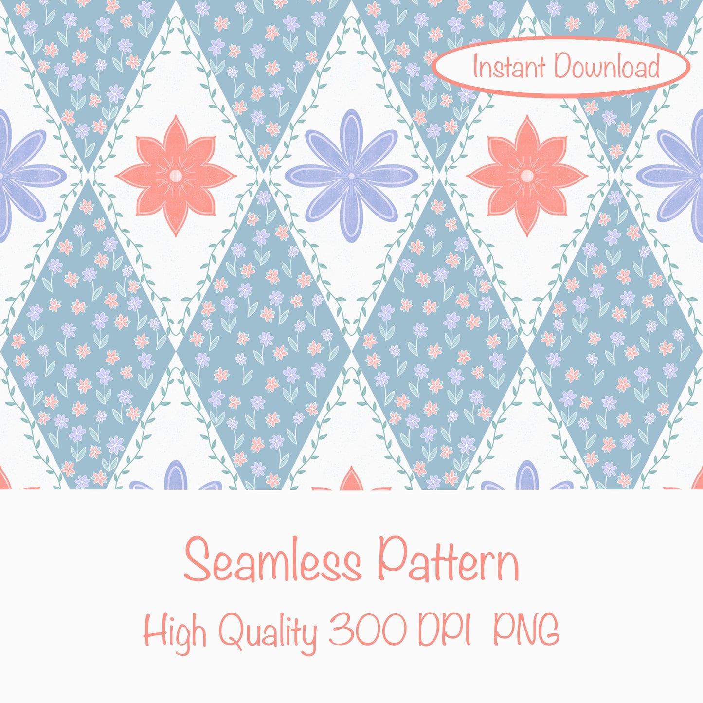 Polar Whimsy Checkered Diamond & Doodle Flowers Seamless Pattern Blue | Cozy Winter Digital Design