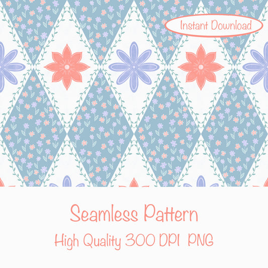 Polar Whimsy Checkered Diamond & Doodle Flowers Seamless Pattern Blue | Cozy Winter Digital Design