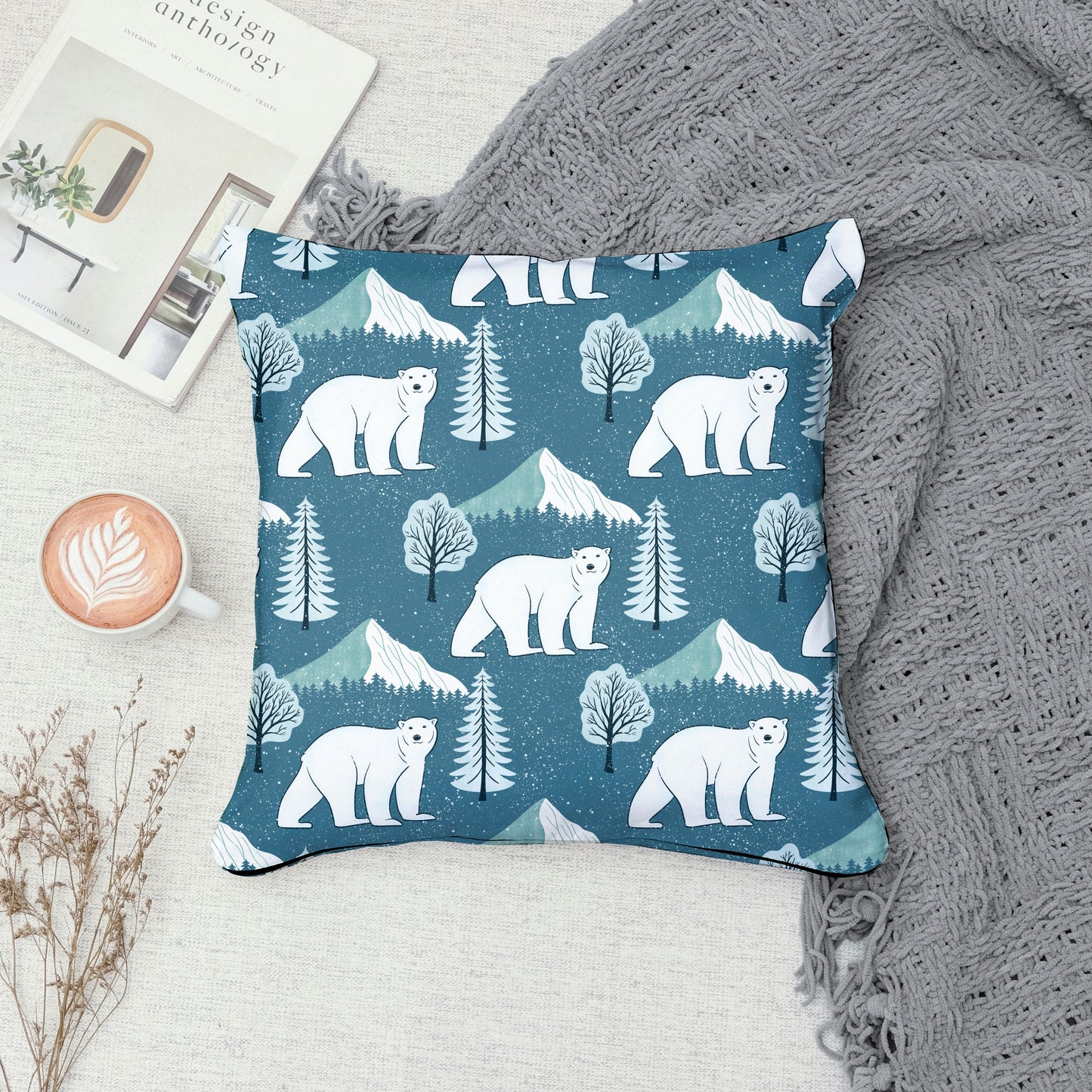 Polar Whimsy Polar Bears, Mountains & Forest Trees Seamless Pattern Blue | Cozy Winter Digital Design PNG 12x12” 300 DPI
