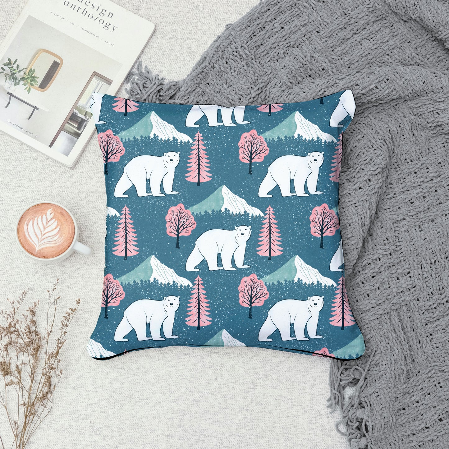 Polar Whimsy Polar Bears, Mountains & Forest Trees Seamless Pattern Pink | Cozy Winter Digital Design PNG 12x12” 300 DPI