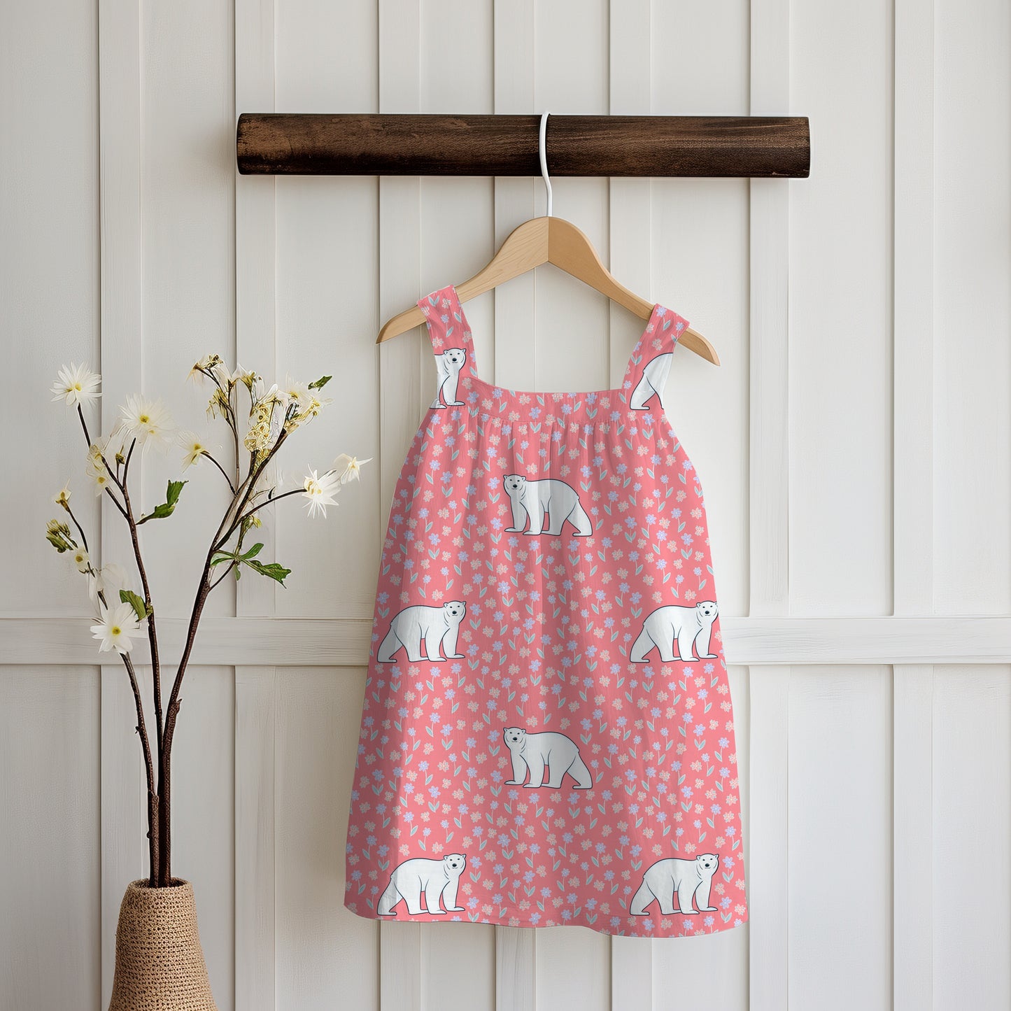 Polar Whimsy Seamless Pattern Pink | Polar Bears & Doodle Flowers | Cozy Winter Digital Design PNG 12x12” 300 DPI