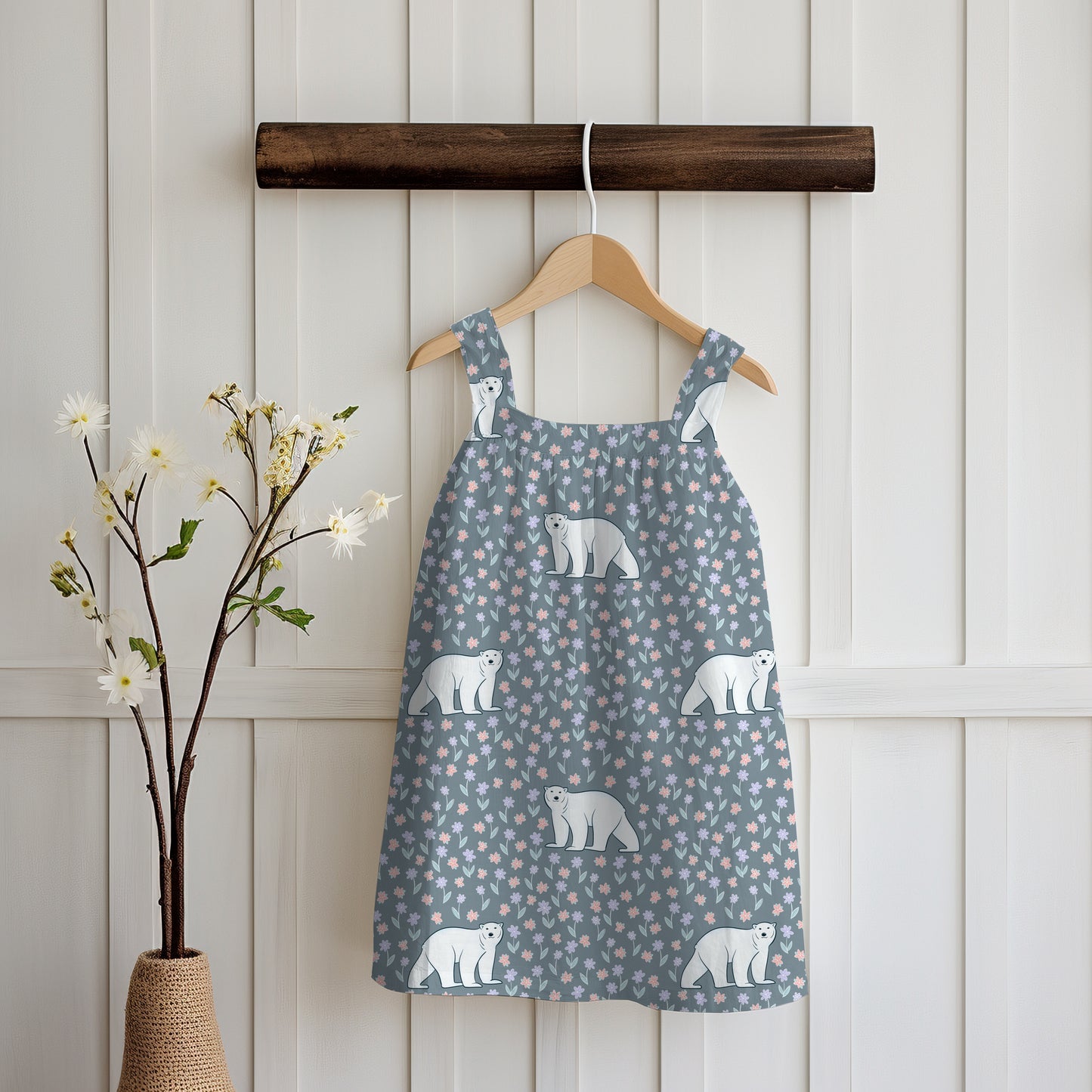 Polar Whimsy Seamless Pattern Grey | Polar Bears & Doodle Flowers | Cozy Winter Digital Design PNG 12x12” 300 DPI