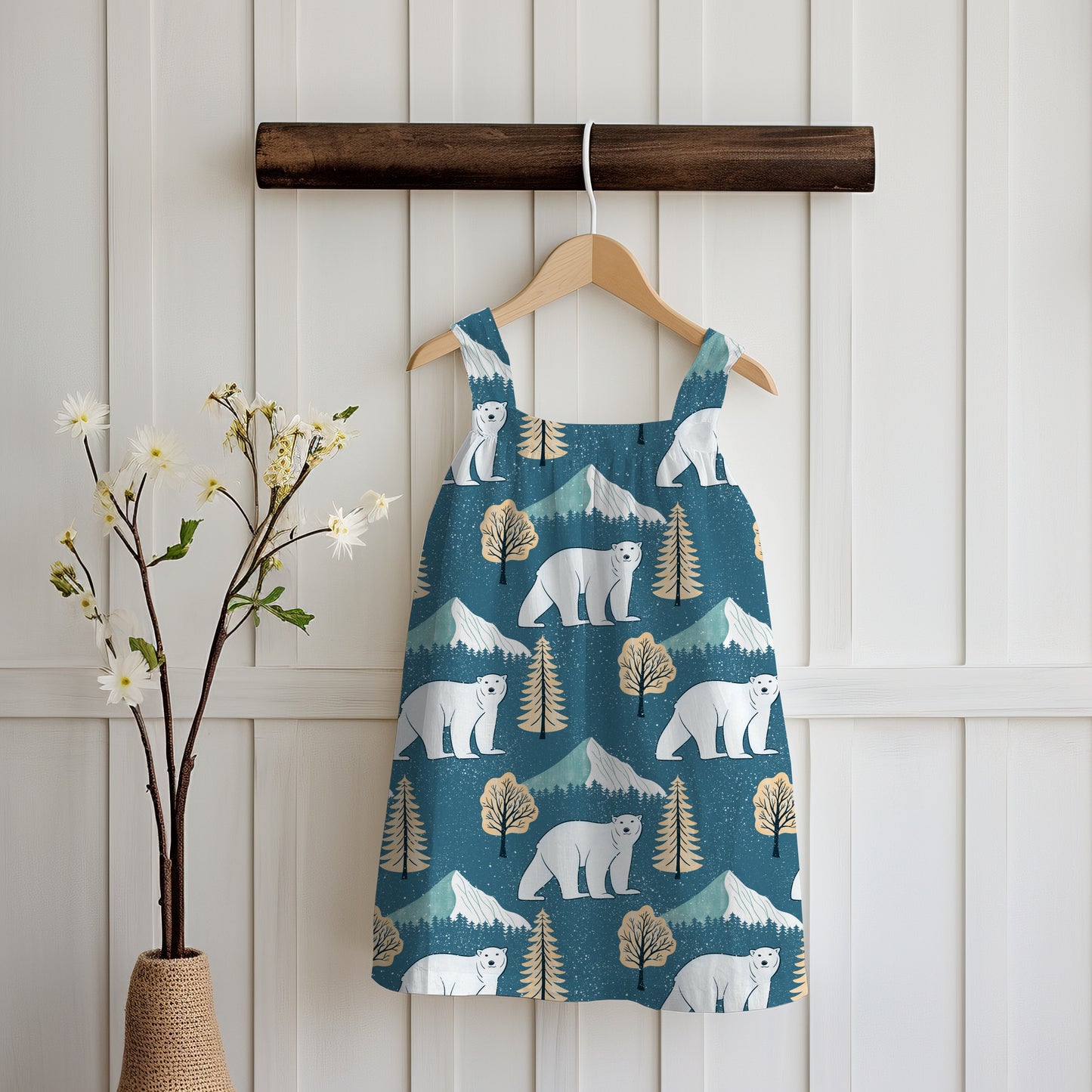 Polar Whimsy Polar Bears, Mountains & Forest Trees Seamless Pattern Gold | Cozy Winter Digital Design PNG 12x12” 300 DPI