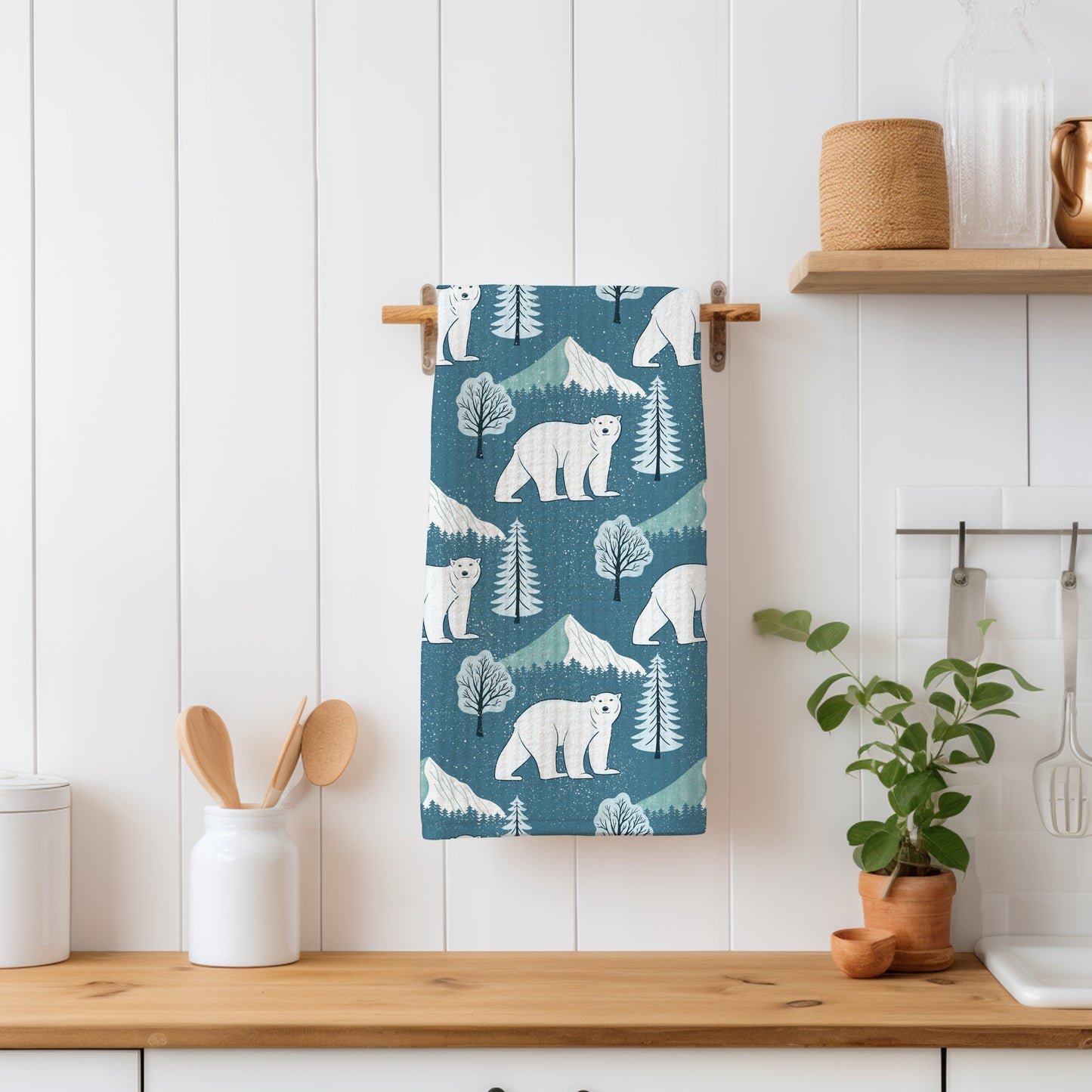 Polar Whimsy Polar Bears, Mountains & Forest Trees Seamless Pattern Blue | Cozy Winter Digital Design PNG 12x12” 300 DPI