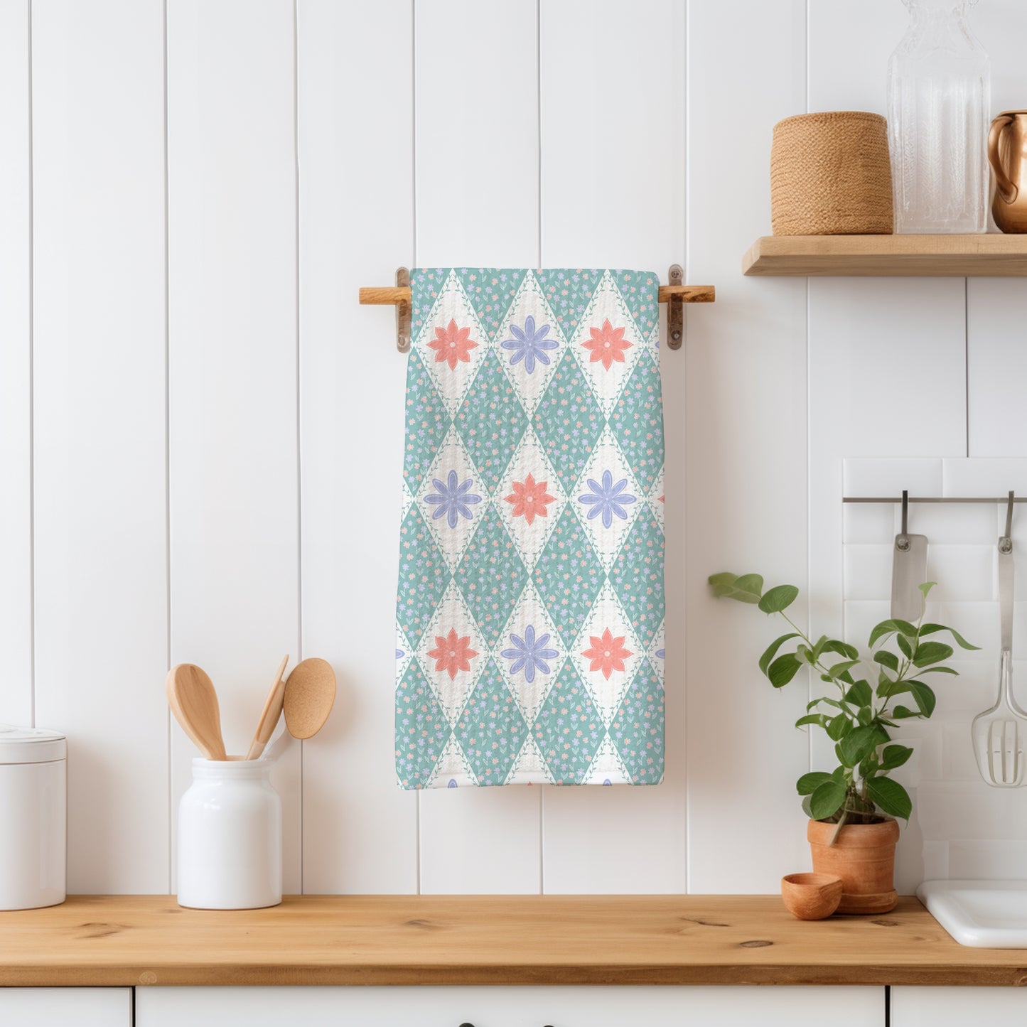 Polar Whimsy Checkered Diamond & Doodle Flowers Seamless Pattern Green | Cozy Winter Digital Design