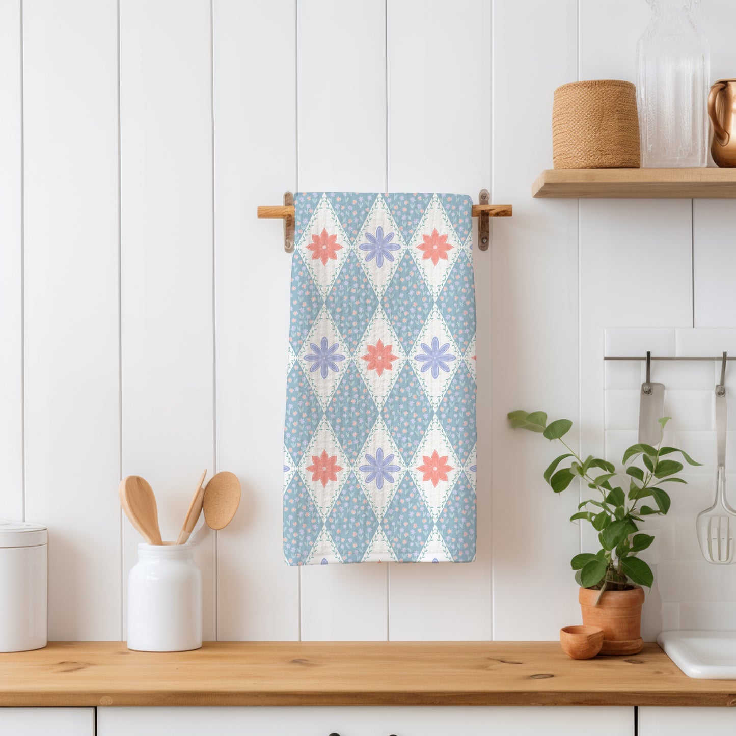 Polar Whimsy Checkered Diamond & Doodle Flowers Seamless Pattern Blue | Cozy Winter Digital Design