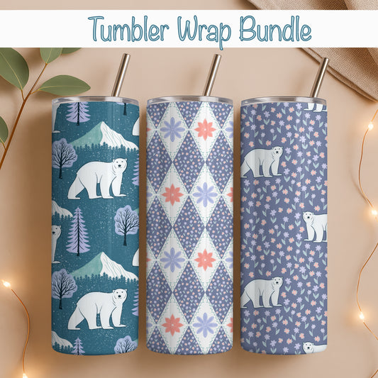 Polar Whimsy Tumbler Wrap Bundle Purple | Polar Bears & Doodle Flowers | 9.25”x8.20” PNG Digital Download