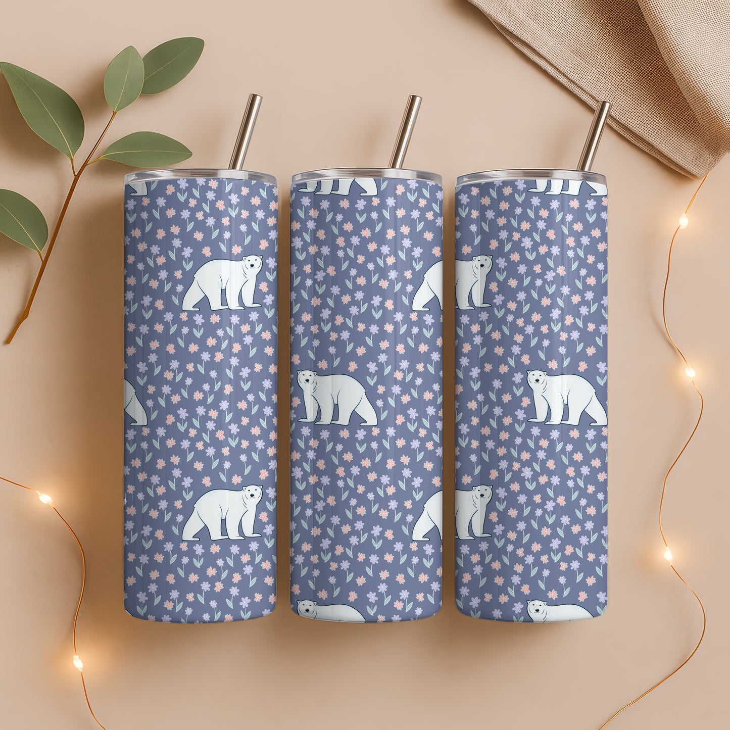 Polar Whimsy Tumbler Wrap Bundle Purple | Polar Bears & Doodle Flowers | 9.25”x8.20” PNG Digital Download