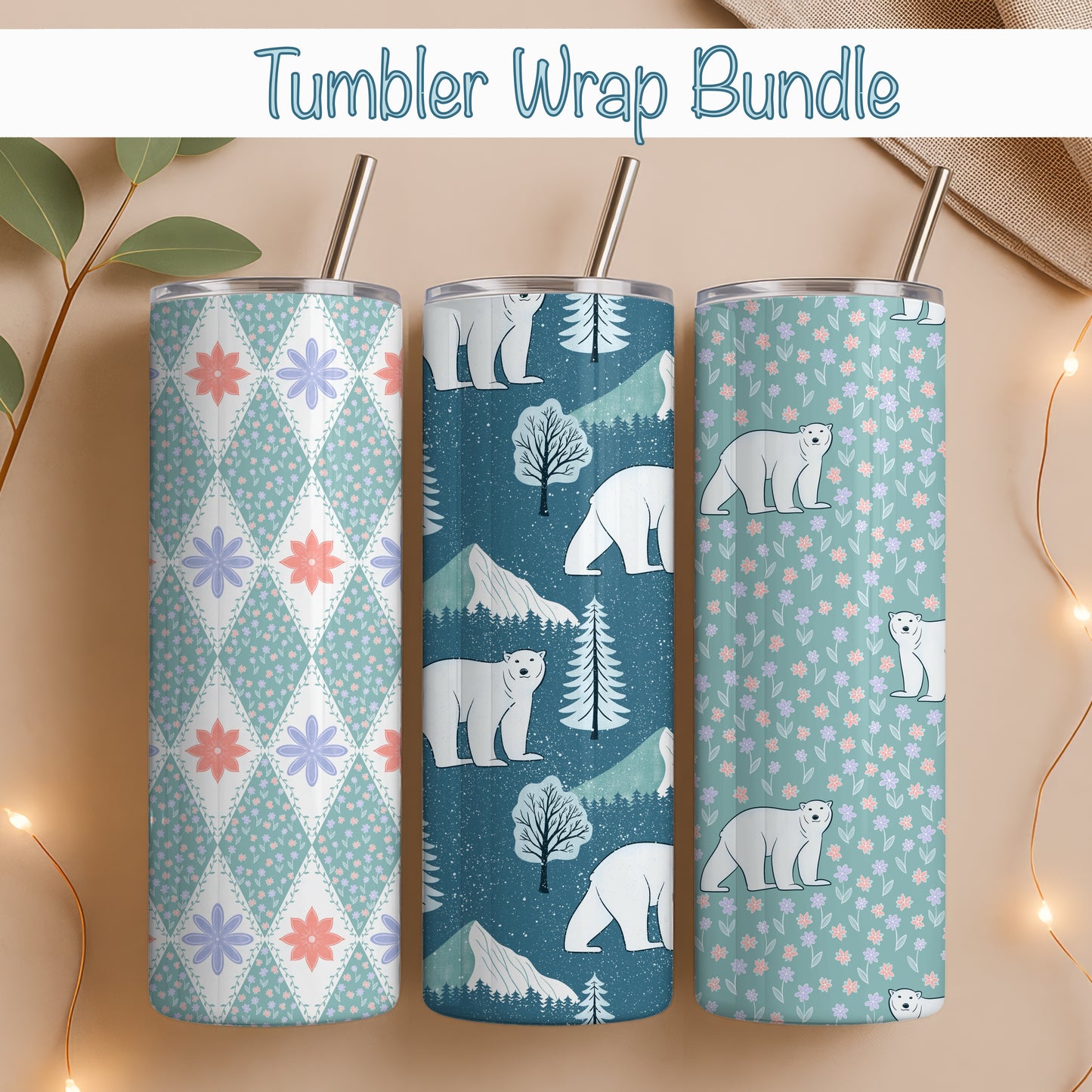 Polar Whimsy Tumbler Wrap Bundle Green | Polar Bears & Doodle Flowers | 9.25”x8.20” PNG Digital Download