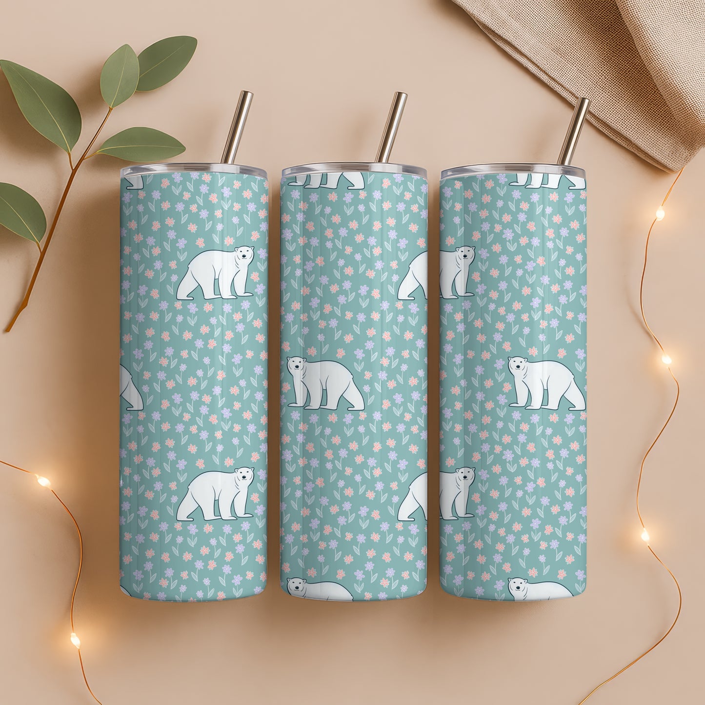 Polar Whimsy Tumbler Wrap Bundle Green | Polar Bears & Doodle Flowers | 9.25”x8.20” PNG Digital Download