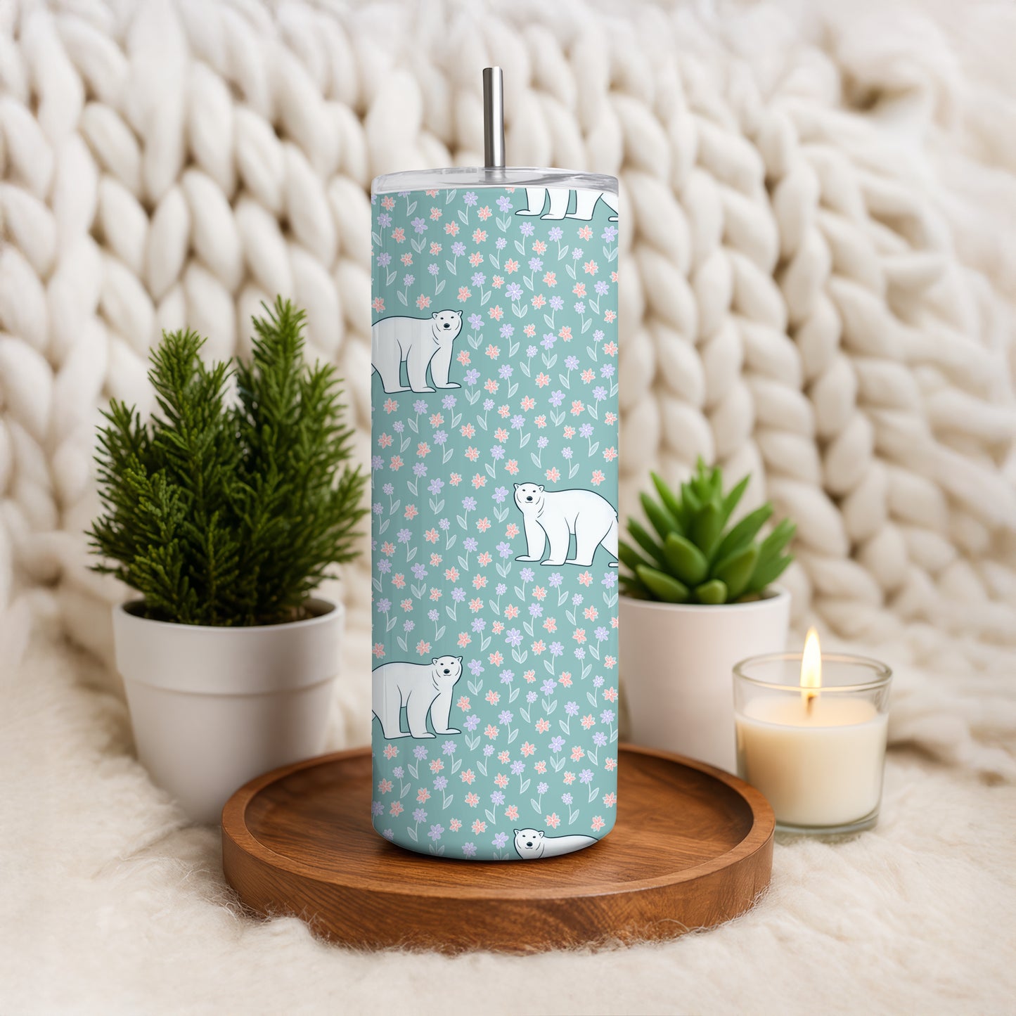 Polar Whimsy Tumbler Wrap Bundle Green | Polar Bears & Doodle Flowers | 9.25”x8.20” PNG Digital Download