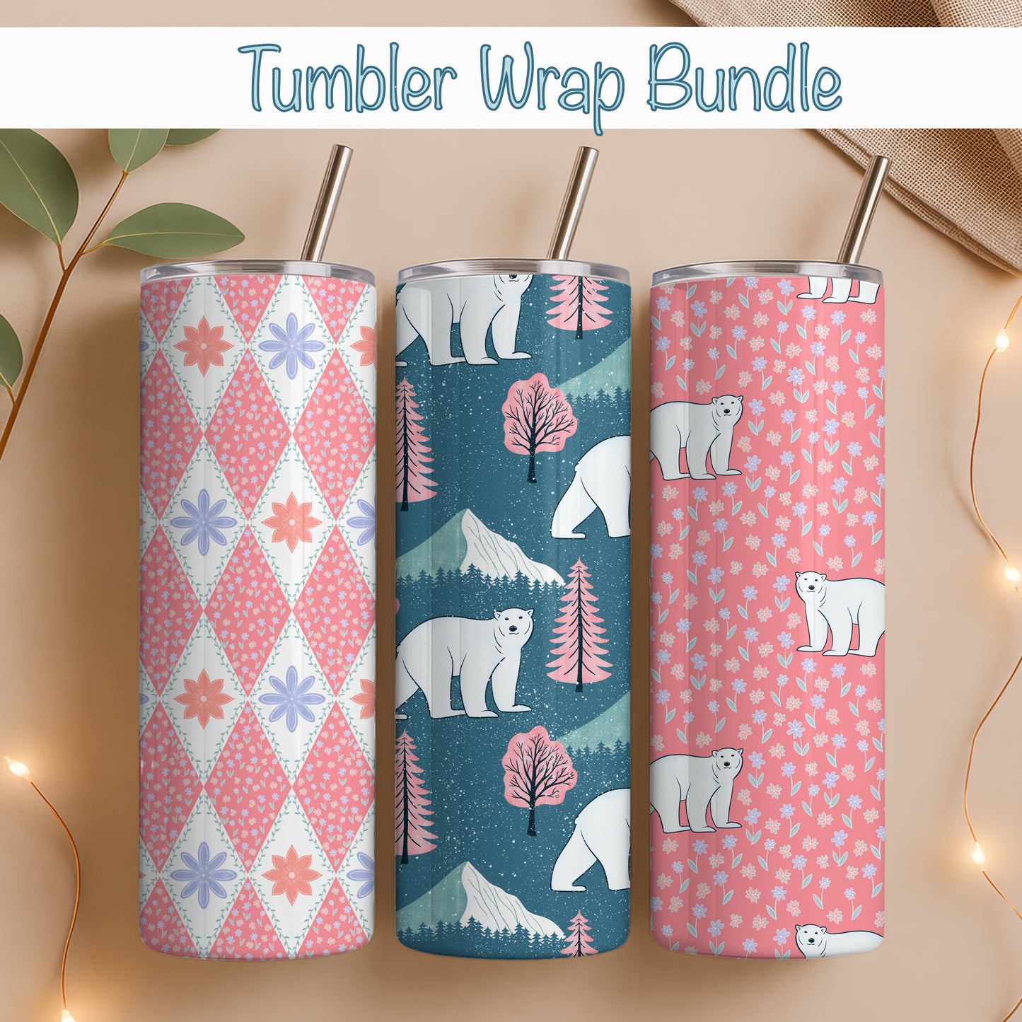 Polar Whimsy Tumbler Wrap Bundle Pink | Polar Bears & Doodle Flowers | 9.25”x8.20” PNG Digital Download
