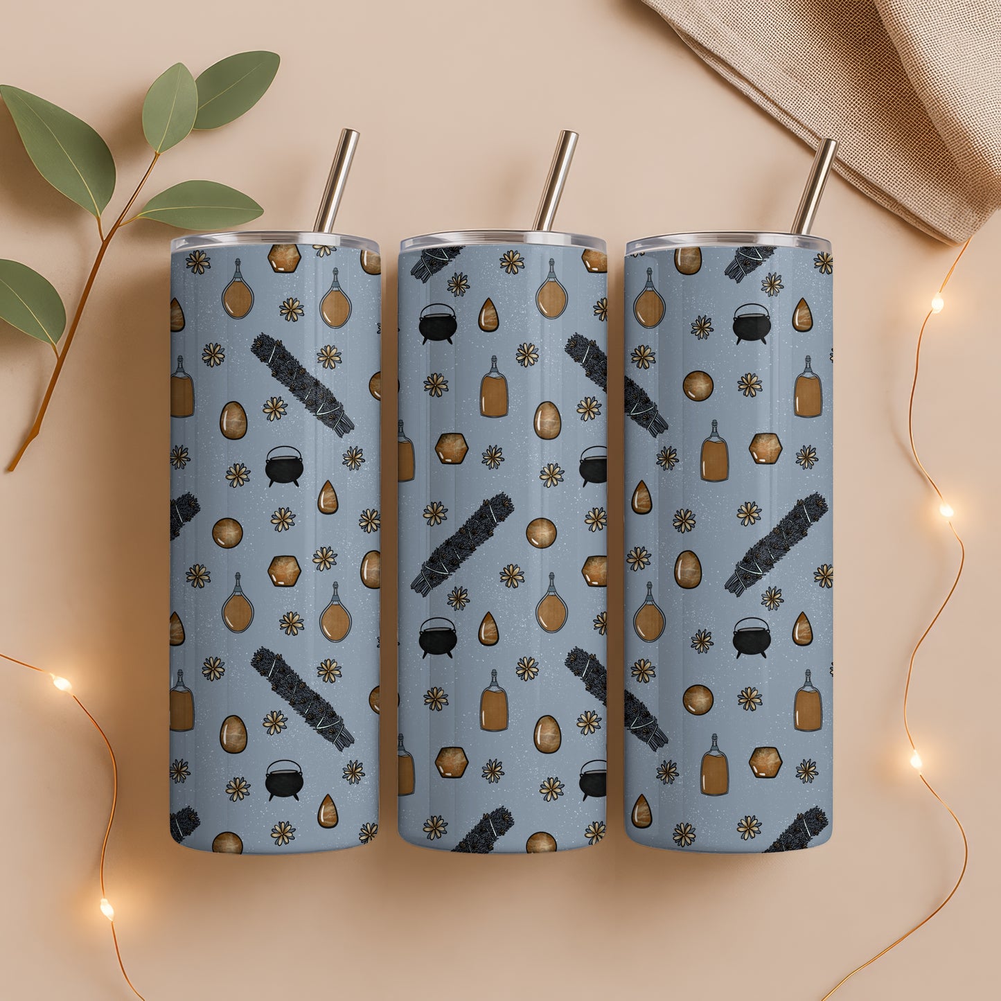 Witchy Mystic Tumbler Wrap Bundle Gold | Sage, Gemstones & Doodle Flowers | 9.25”x8.20” PNG Digital Download