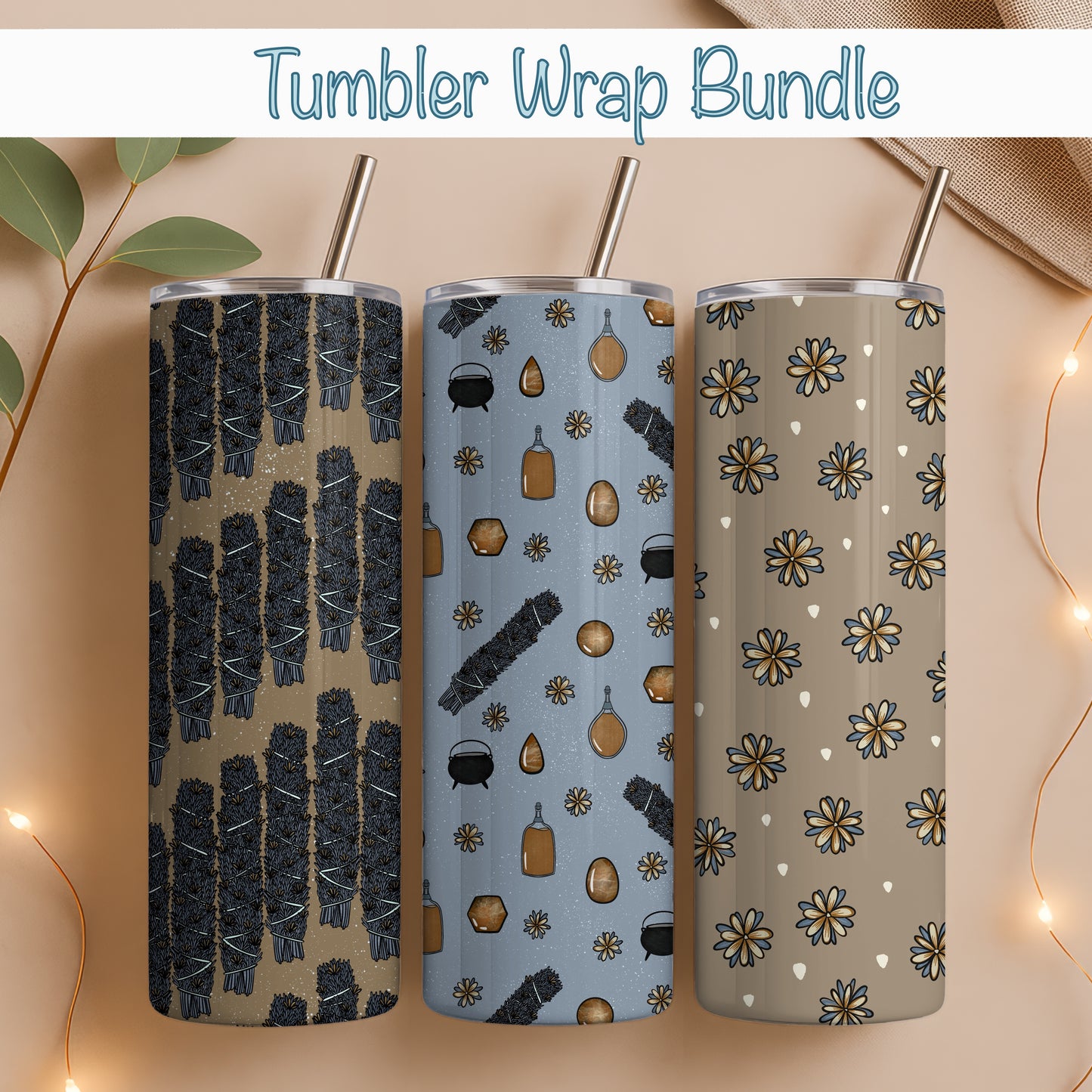Witchy Mystic Tumbler Wrap Bundle Gold | Sage, Gemstones & Doodle Flowers | 9.25”x8.20” PNG Digital Download