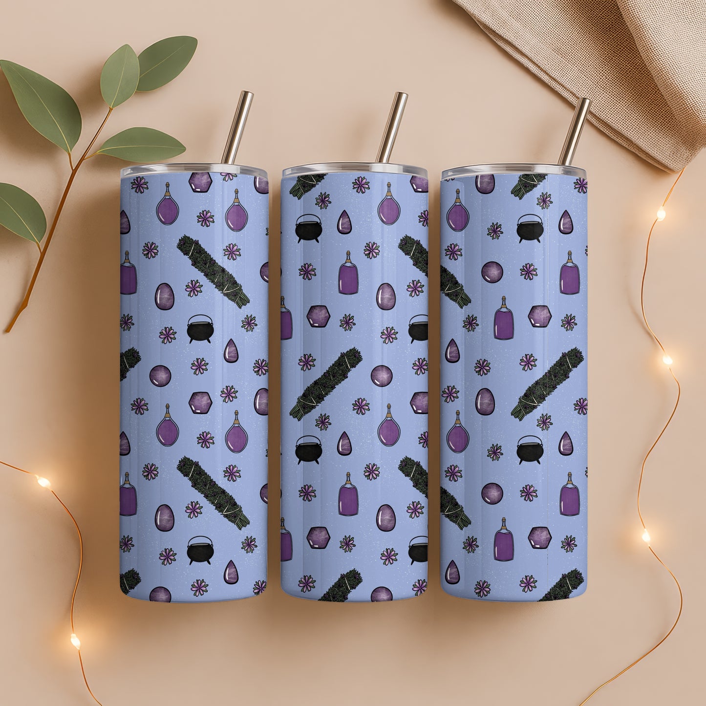 Witchy Mystic Tumbler Wrap Bundle Purple | Sage, Gemstones & Doodle Flowers | 9.25”x8.20” PNG Digital Download
