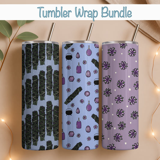 Witchy Mystic Tumbler Wrap Bundle Purple | Sage, Gemstones & Doodle Flowers | 9.25”x8.20” PNG Digital Download