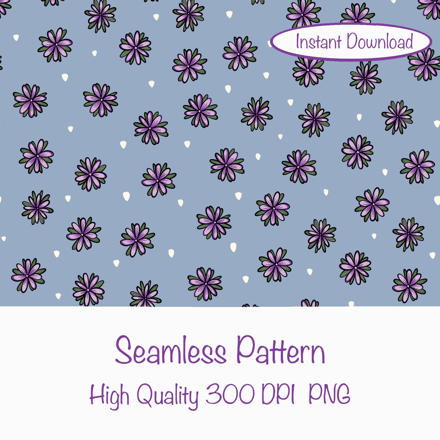 Mystic Witchy Floral Seamless Pattern Blue | Doodle Flower Digital Design | 12x12” PNG 300 DPI | Commercial Use Pattern