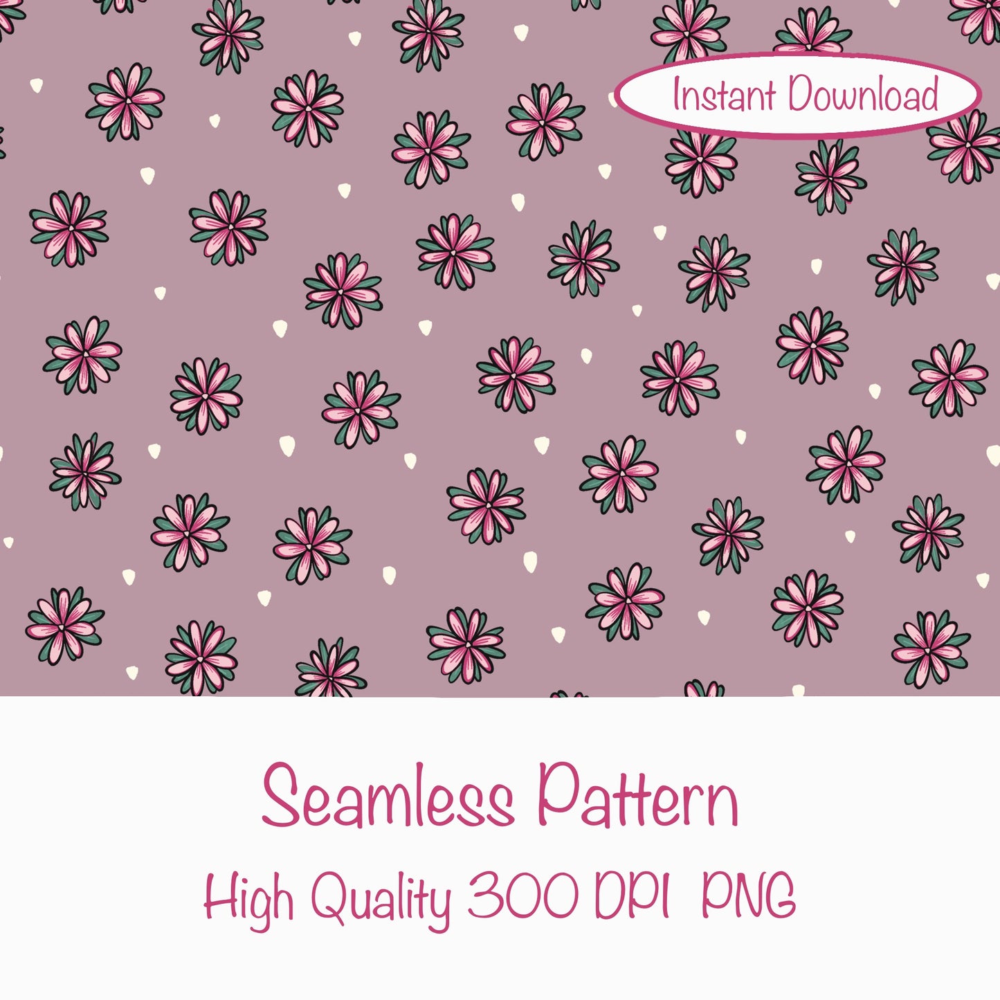 Mystic Witchy Floral Seamless Pattern Pink | Doodle Flower Digital Design | 12x12” PNG 300 DPI | Commercial Use Pattern
