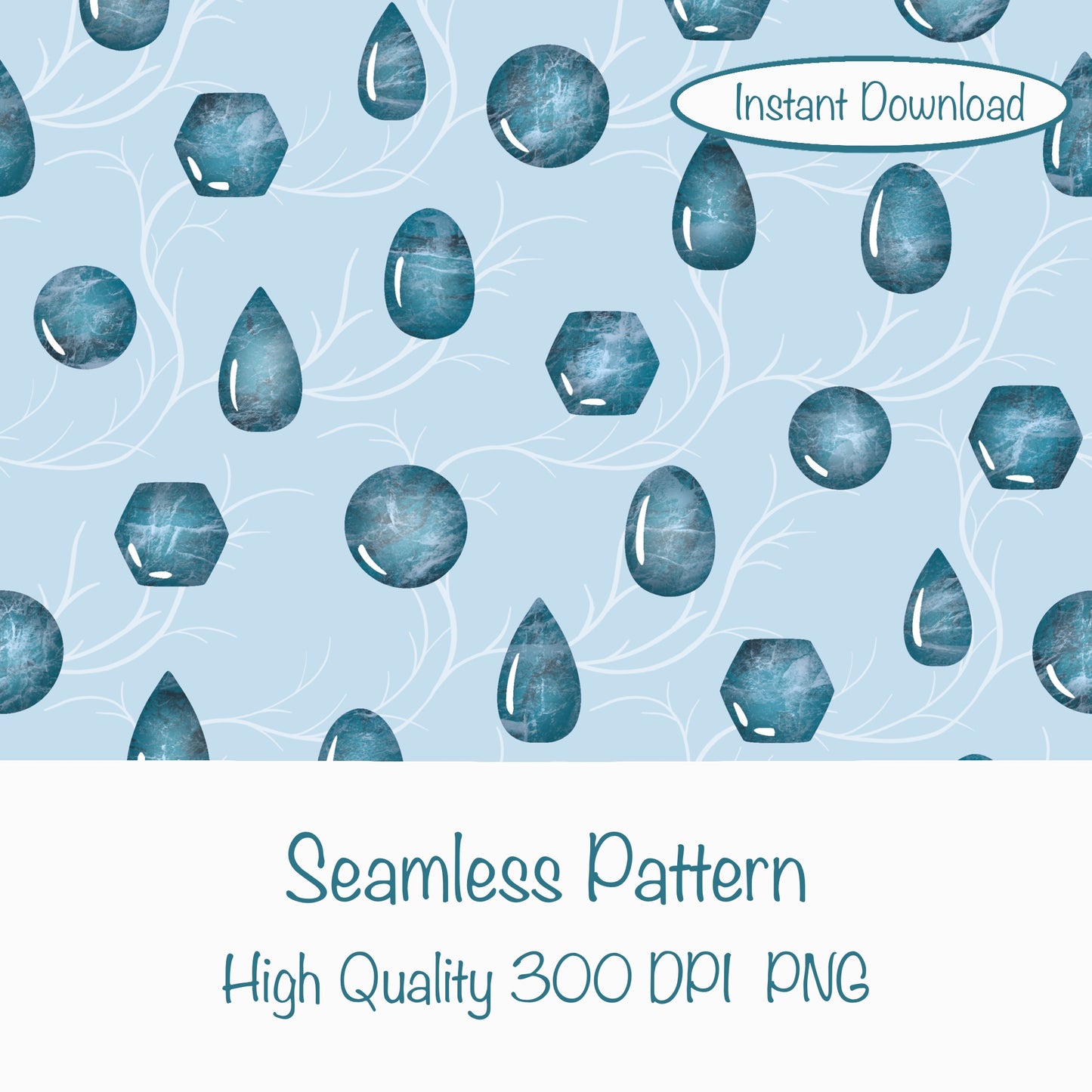 Mystic Witchy Gemstones Seamless Pattern Blue | Magical Crystal Digital Design | PNG 12x12” 300 DPI