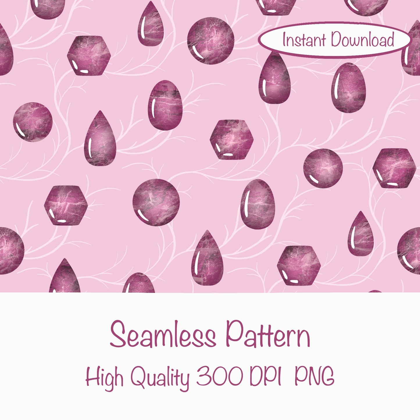Mystic Witchy Gemstones Seamless Pattern Pink | Magical Crystal Digital Design | PNG 12x12” 300 DPI