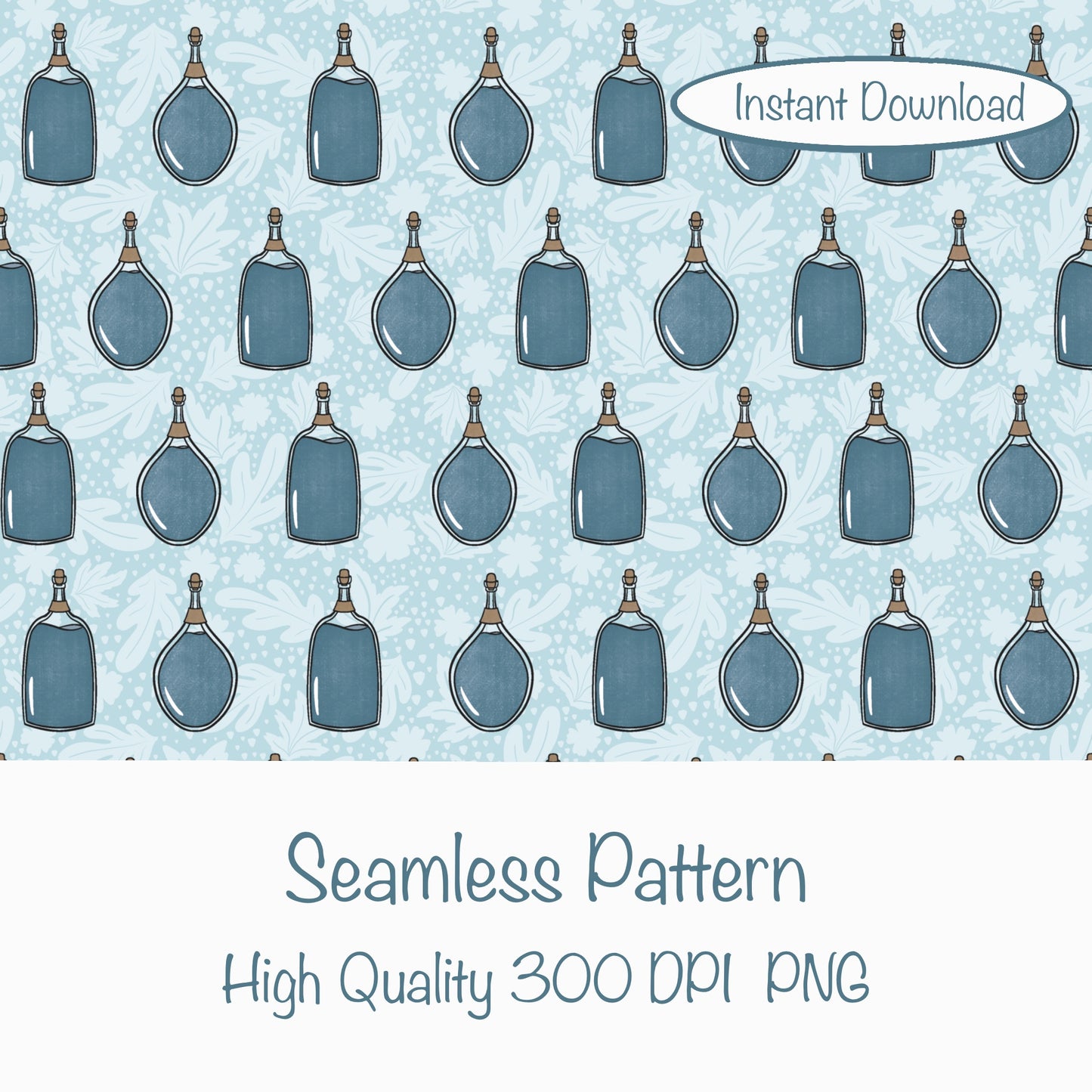 Mystic Witchy Potion Bottles Seamless Pattern Blue | Magical Apothecary Digital Design | PNG 12x12” 300 DPI