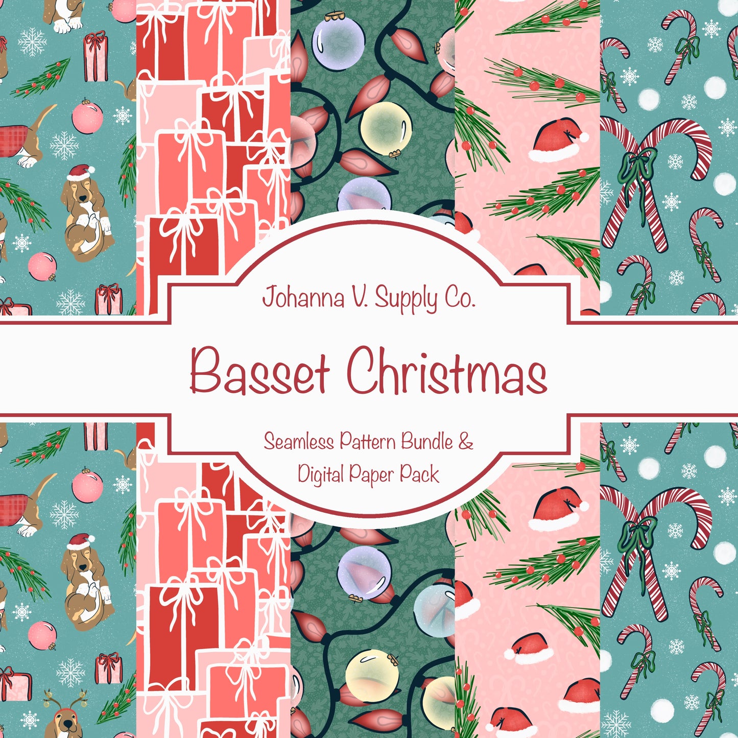 Christmas Basset Hound Seamless Pattern Bundle Blue Green | Ornaments, Lights, Gifts & Candy Canes | 12x12” PNGs | Digital Download