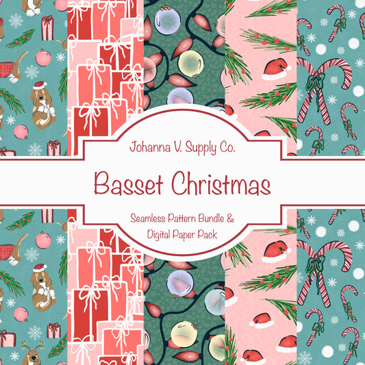 Christmas Basset Hound Seamless Pattern Bundle Blue Green | Ornaments, Lights, Gifts & Candy Canes | 12x12” PNGs | Digital Download