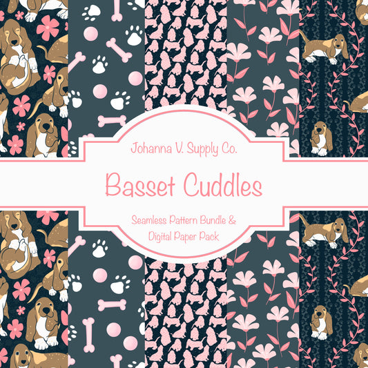 Basset Hound Seamless Pattern Bundle Black | Florals, Botanicals & Dog Toys | 12x12” PNGs | Digital Download