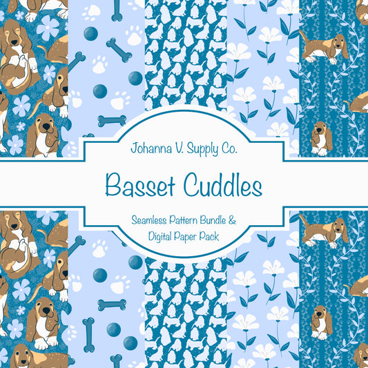 Basset Hound Seamless Pattern Bundle Blue | Florals, Botanicals & Dog Toys | 12x12” PNGs | Digital Download