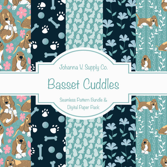 Basset Hound Seamless Pattern Bundle Blue Green | Florals, Botanicals & Dog Toys | 12x12” PNGs | Digital Download