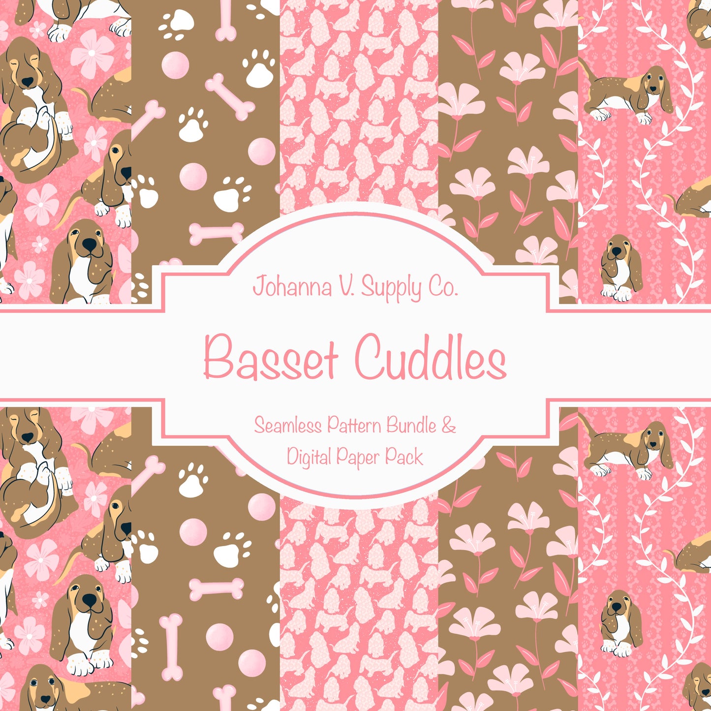 Basset Hound Seamless Pattern Bundle Pink | Florals, Botanicals & Dog Toys | 12x12” PNGs | Digital Download
