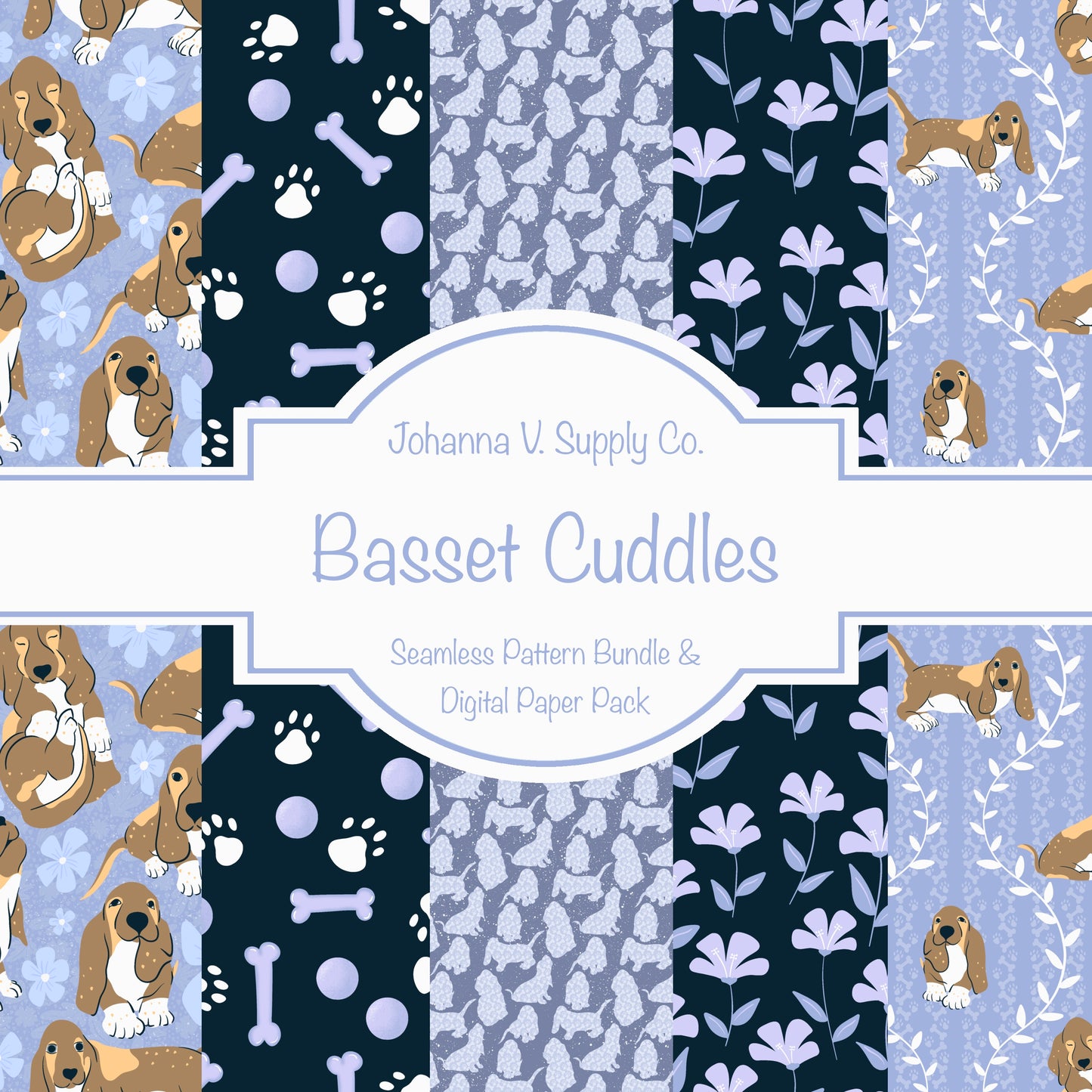 Basset Hound Seamless Pattern Bundle Purple | Florals, Botanicals & Dog Toys | 12x12” PNGs | Digital Download