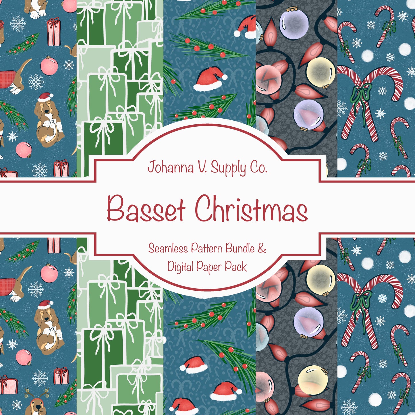 Christmas Basset Hound Seamless Pattern Bundle Blue | Ornaments, Lights, Gifts & Candy Canes | 12x12” PNGs | Digital Download