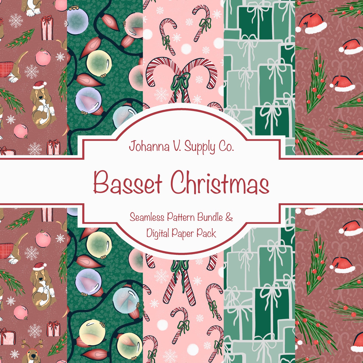 Christmas Basset Hound Seamless Pattern Bundle Mauve | Ornaments, Lights, Gifts & Candy Canes | 12x12” PNGs | Digital Download