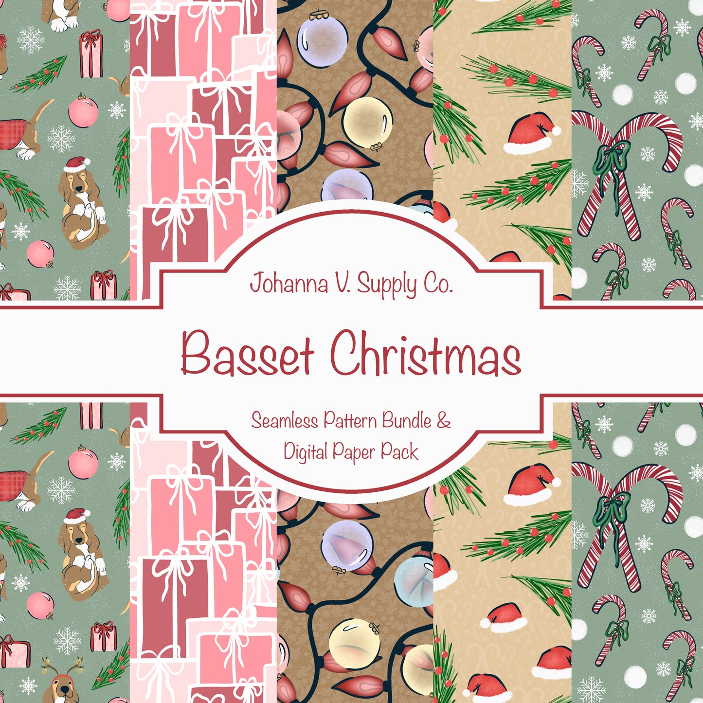 Christmas Basset Hound Seamless Pattern Bundle Green | Ornaments, Lights, Gifts & Candy Canes | 12x12” PNGs | Digital Download