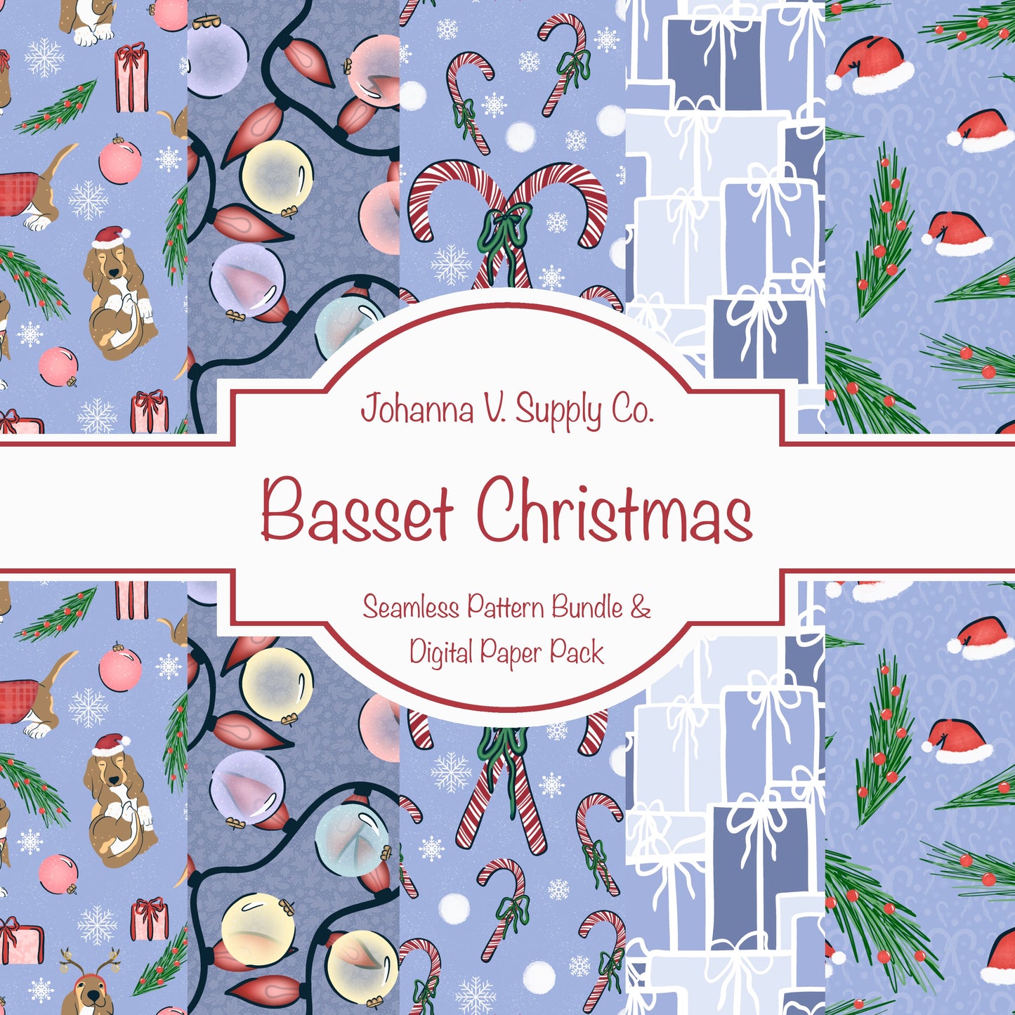 Christmas Basset Hound Seamless Pattern Bundle Purple | Ornaments, Lights, Gifts & Candy Canes | 12x12” PNGs | Digital Download